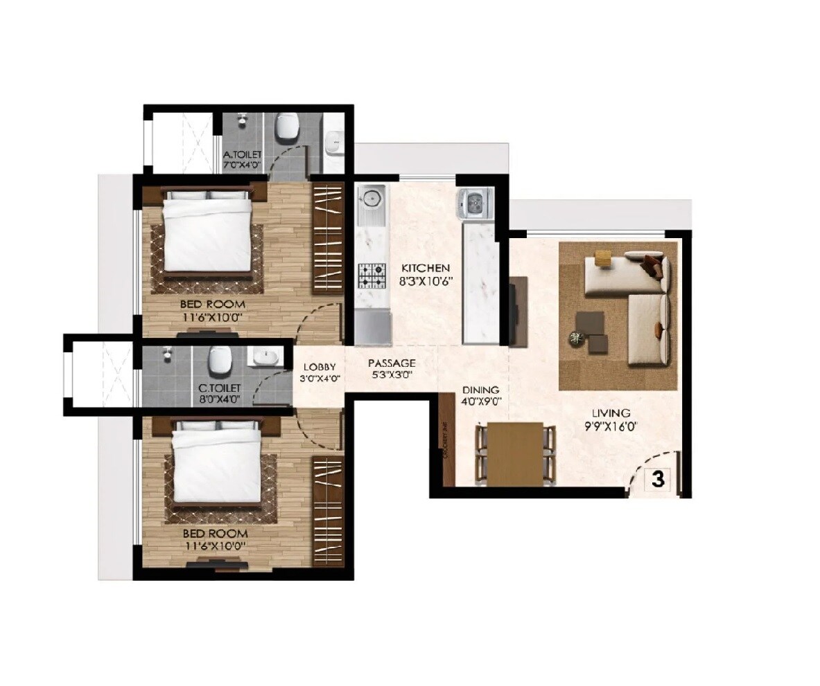 Floor plan of 2 BHK 630 Sq. Ft. Apartment in Atul Horizon, Mumbai