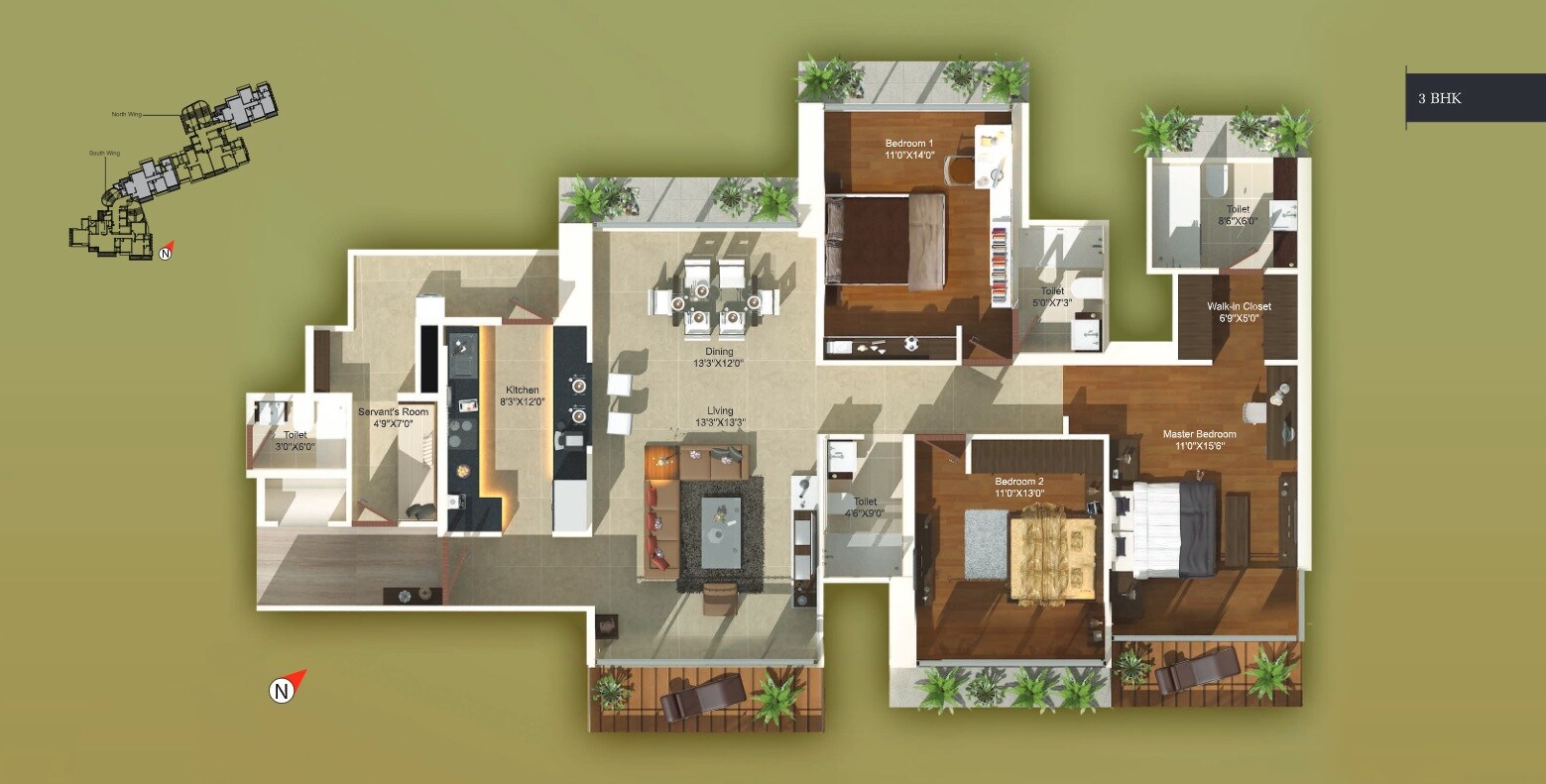 Floor plan of 3 BHK 1407 Sq. Ft. Apartment in Ajmera Aeon, Mumbai