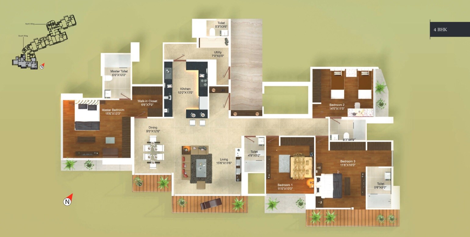 Floor plan of 4 BHK 1889 Sq. Ft. Apartment in Ajmera Aeon, Mumbai
