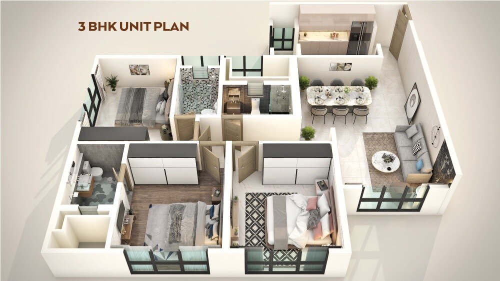 Floor plan of 3 BHK Apartment - 1055 sq. ft. in Ajmera Arham, Mumbai