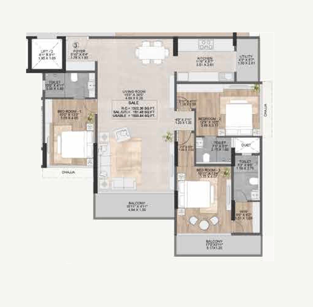 Floor plan of 3 BHK 1500 Sq. Ft. Apartment in Ajmera Atlantis, Mumbai