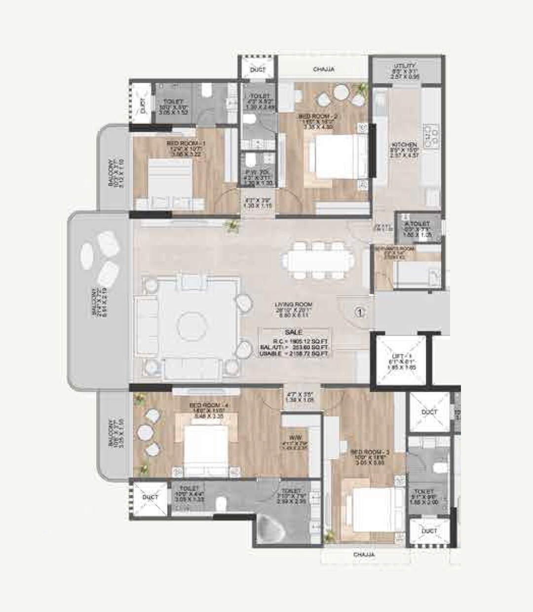 Floor plan of 4 BHK 2150 Sq. Ft. Apartment in Ajmera Atlantis, Mumbai
