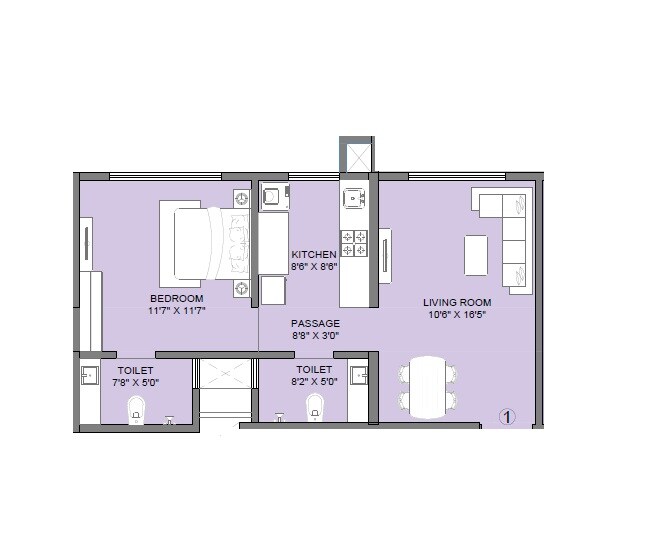 Floor plan of 1 BHK 478 Sq. Ft. Apartment in Ajmera Boulevard, Mumbai