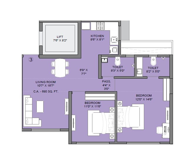 Floor plan of 2 BHK 690 Sq. Ft. Apartment in Ajmera Boulevard, Mumbai