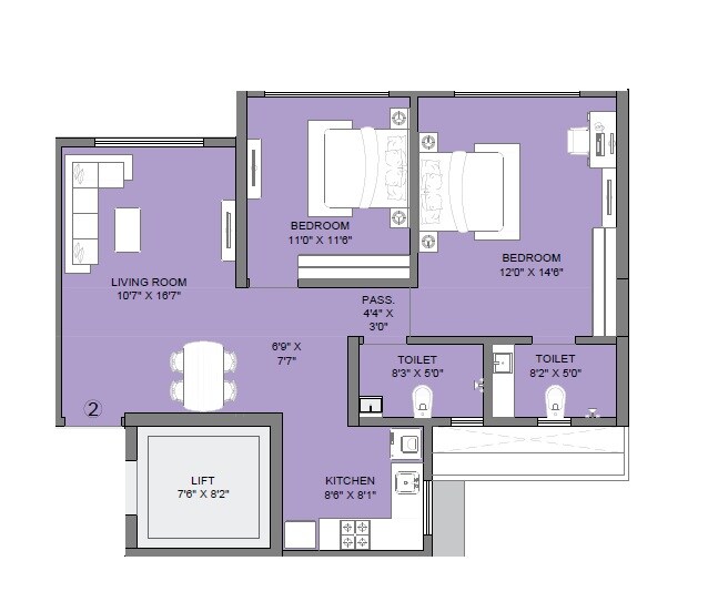Floor plan of 2 BHK 704 Sq. Ft. Apartment in Ajmera Boulevard, Mumbai