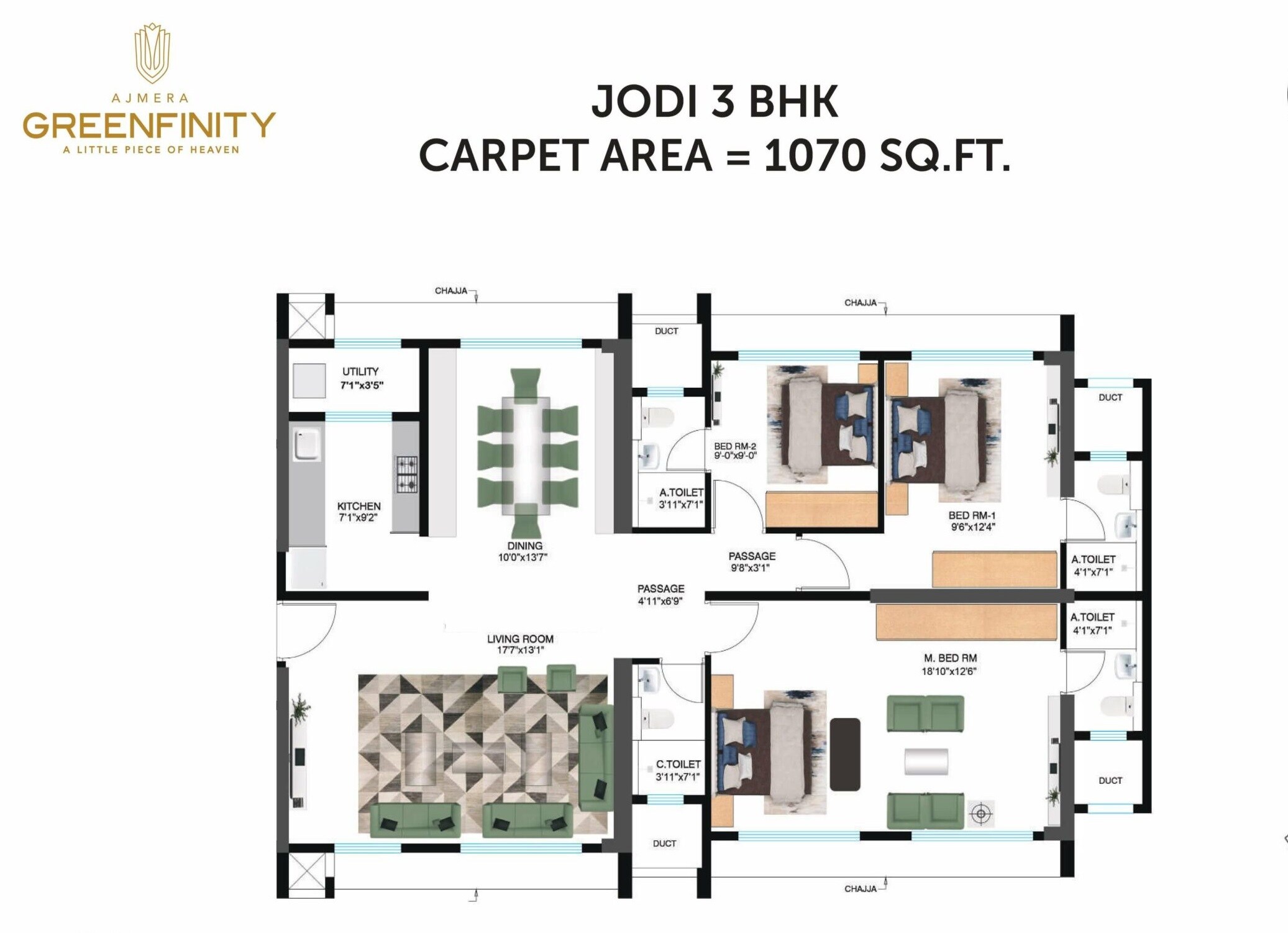 Floor plan of 3 BHK 1070 Sq. Ft. Apartment in Ajmera Greenfinity, Mumbai