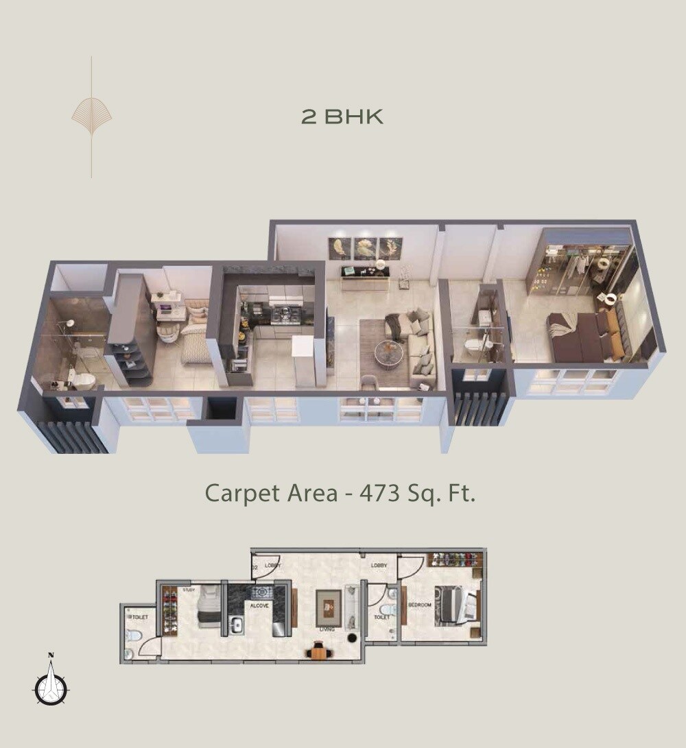 Floor plan of 2 BHK 473 Sq. Ft. Apartment in Ajmera Greenfinity Wadala, Mumbai