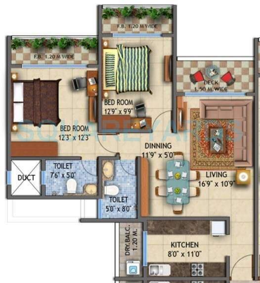 Floor plan of 2 BHK 1325 Sq. Ft. Apartment in Ajmera Iconic, Mumbai