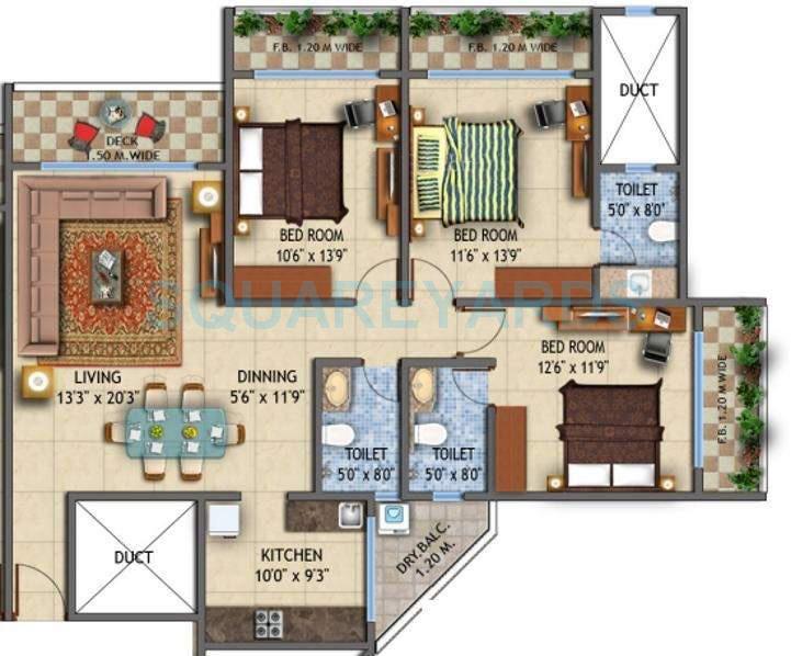 Floor plan of 3 BHK 1895 Sq. Ft. Apartment in Ajmera Iconic, Mumbai
