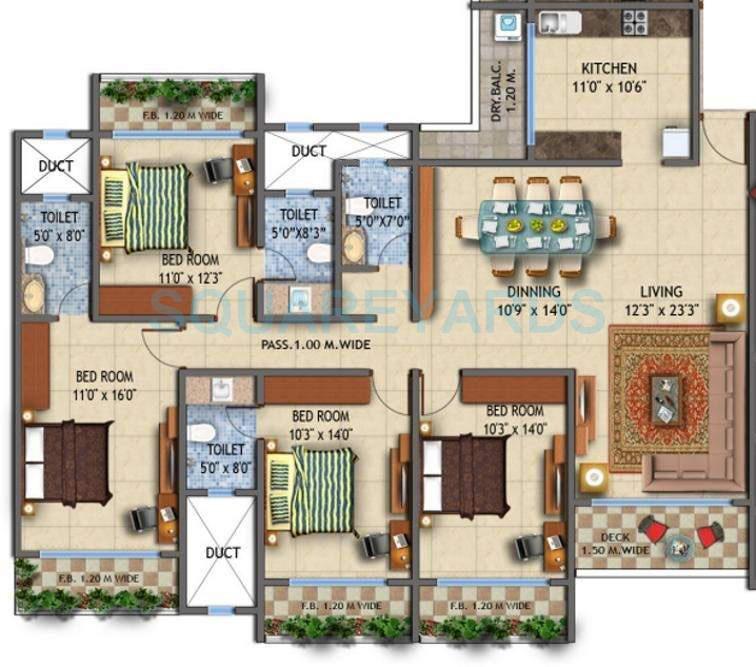 Floor plan of 4 BHK 2465 Sq. Ft. Apartment in Ajmera Iconic, Mumbai