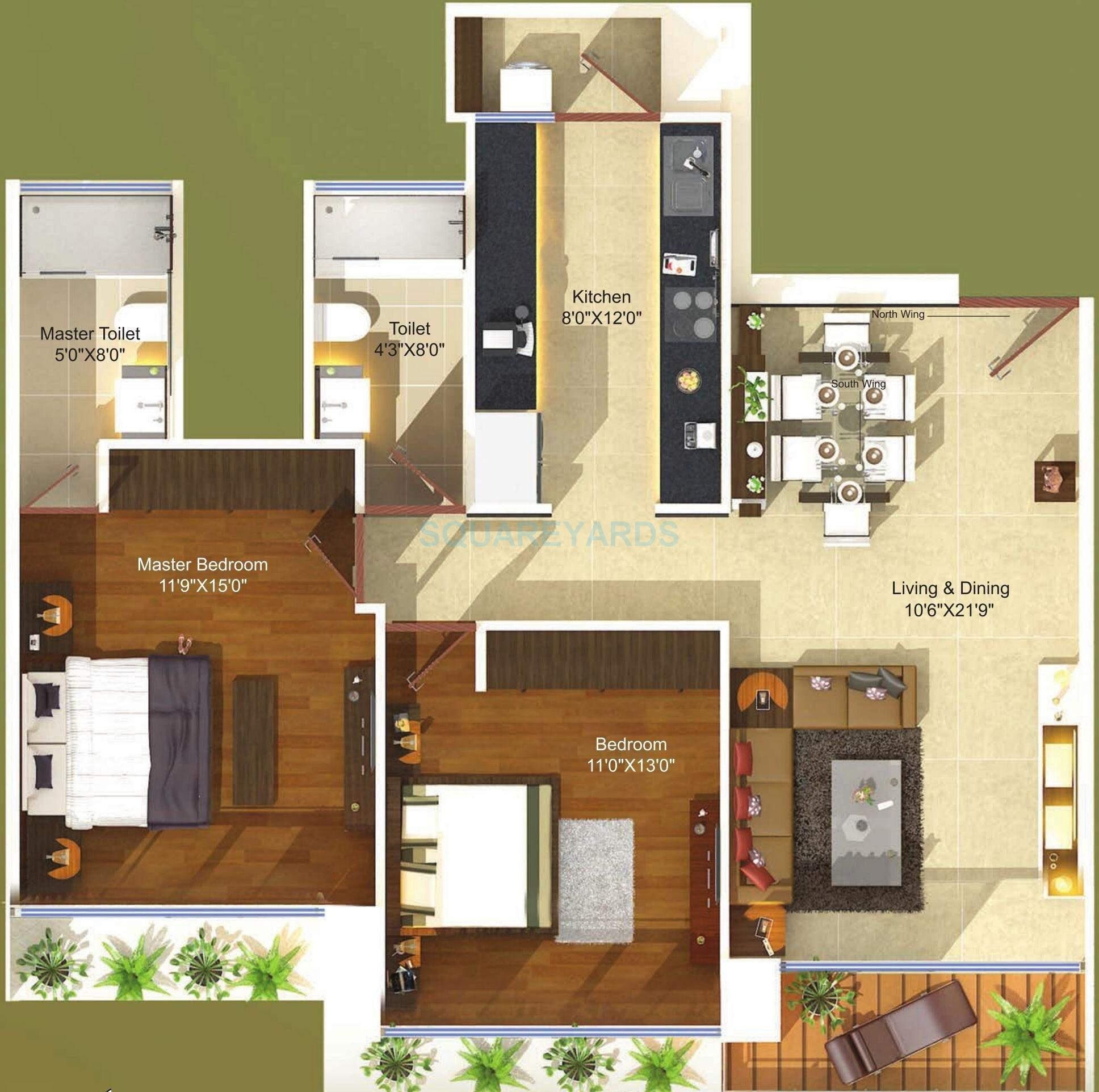 Floor plan of 2 BHK 764 Sq. Ft. Apartment in Ajmera I Land Aeon, Mumbai