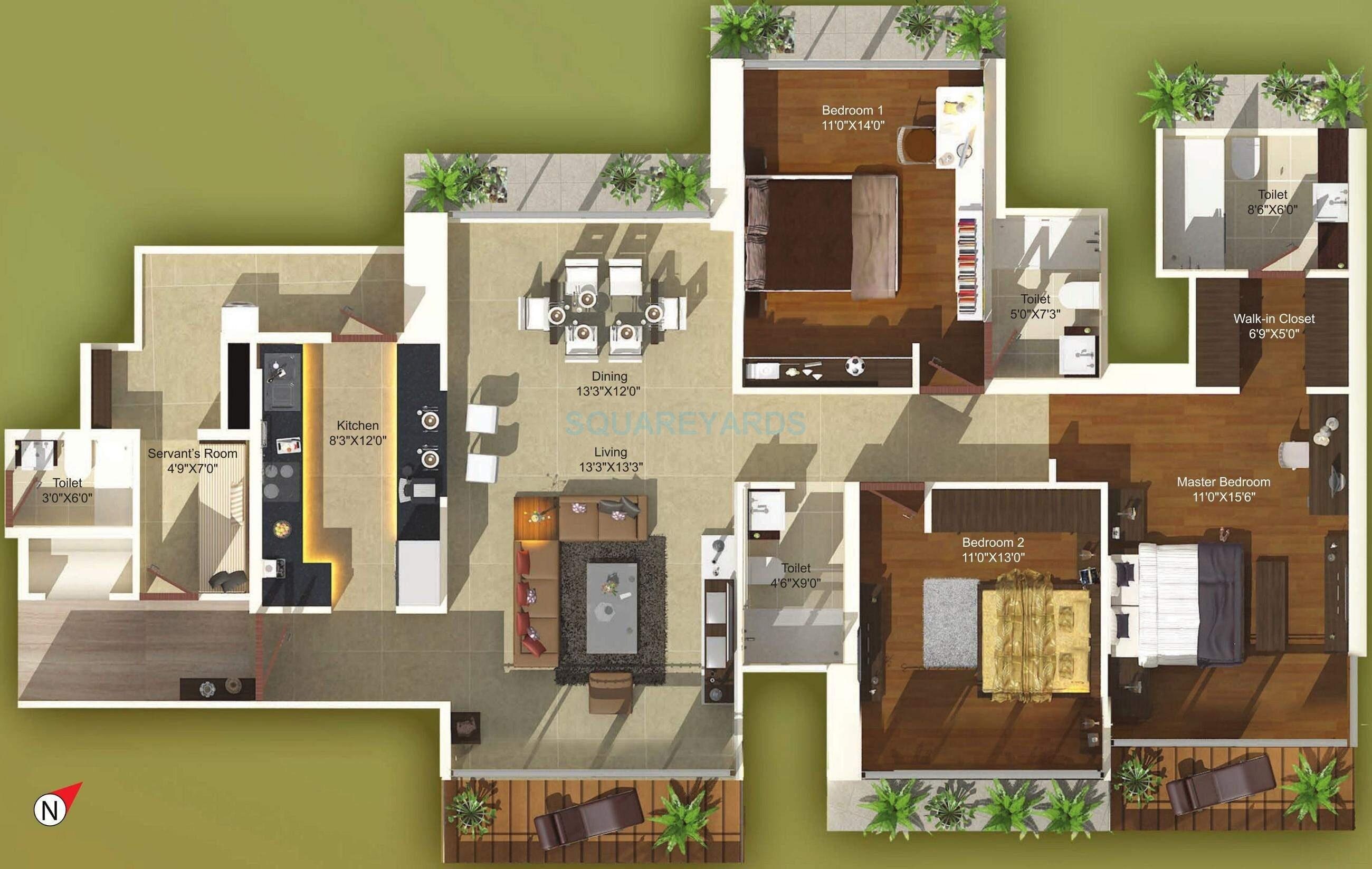 Floor plan of 3 BHK 1183 Sq. Ft. Apartment in Ajmera I Land Aeon, Mumbai