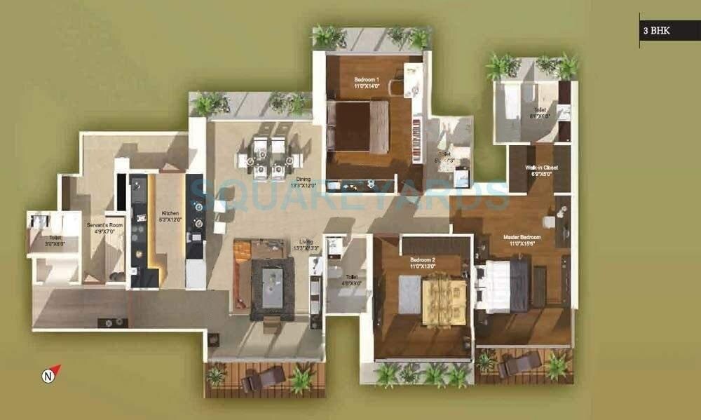 Floor plan of 3 BHK 1201 Sq. Ft. Apartment in Ajmera I Land Aeon, Mumbai