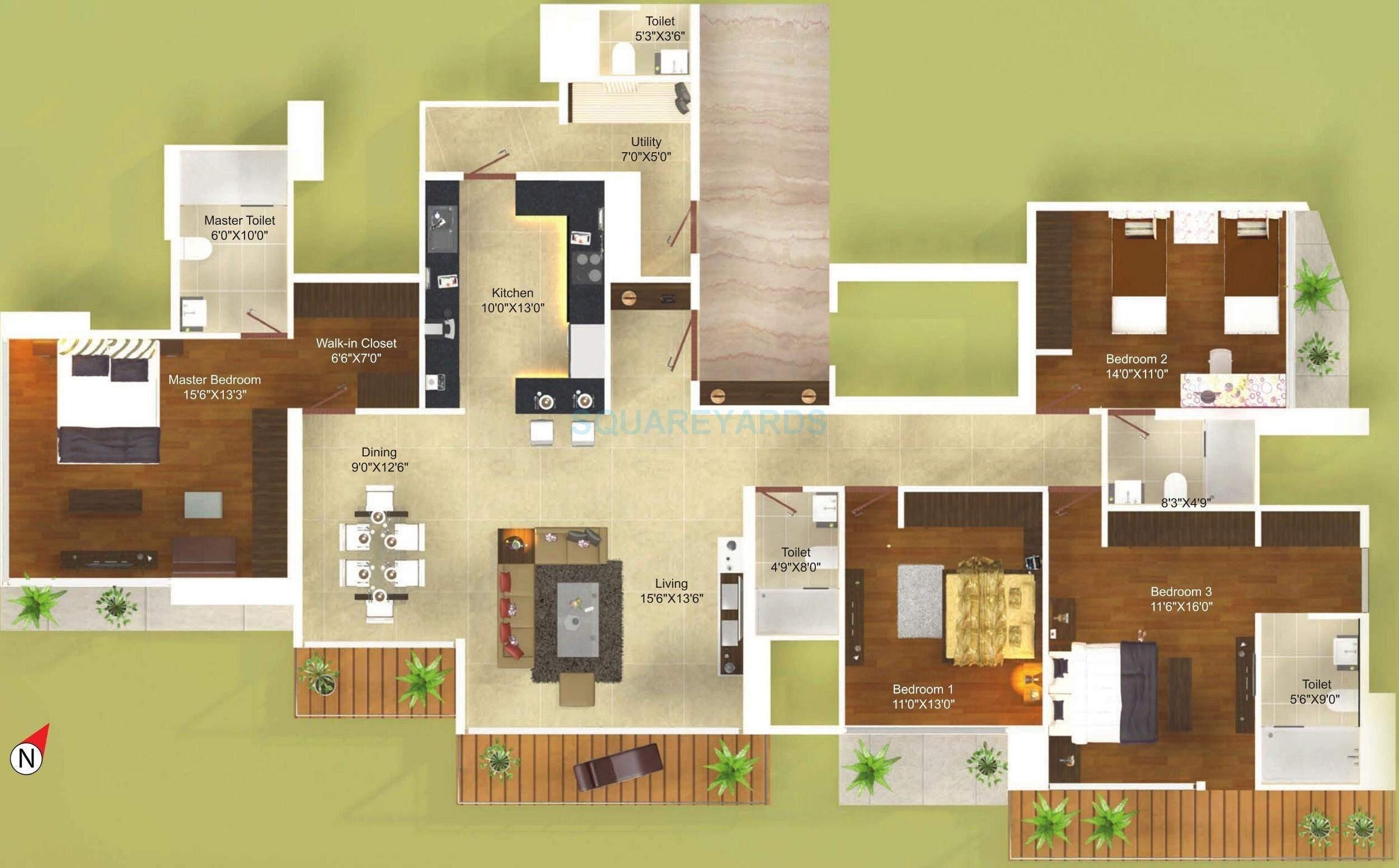 Floor plan of 4 BHK 1616 Sq. Ft. Apartment in Ajmera I Land Aeon, Mumbai
