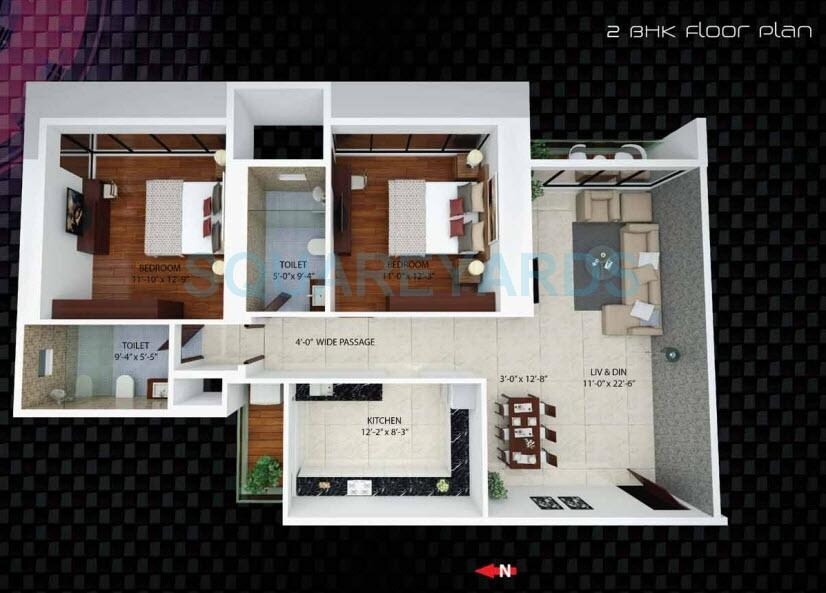 Floor plan of 2 BHK 994 Sq. Ft. Apartment in Ajmera I Land Treon, Mumbai