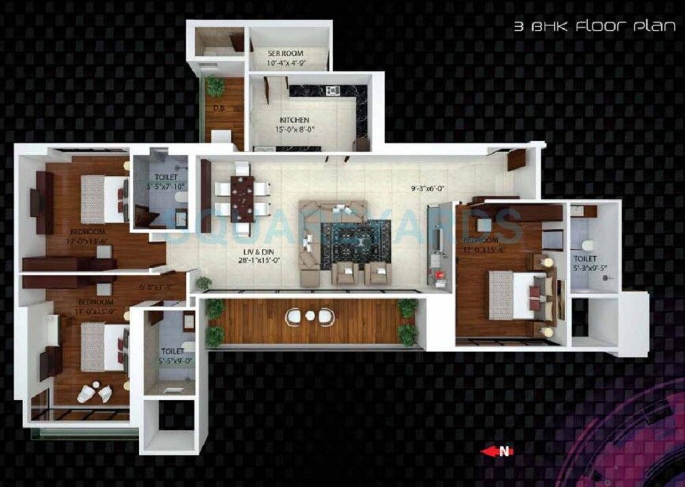 Floor plan of 3 BHK 1661 Sq. Ft. Apartment in Ajmera I Land Treon, Mumbai