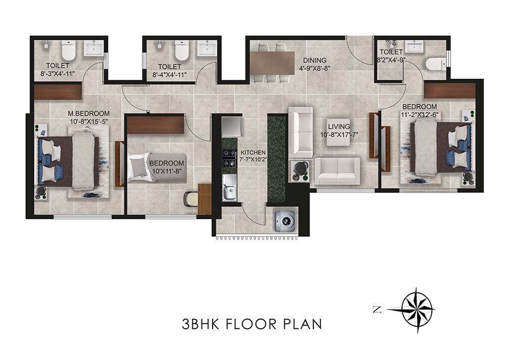 Floor plan of 3 BHK 1023 Sq. Ft. Apartment in Ajmera Manhattan, Mumbai