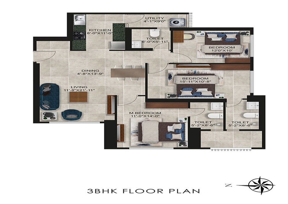 Floor plan of 3 BHK 977 Sq. Ft. Apartment in Ajmera Manhattan, Mumbai