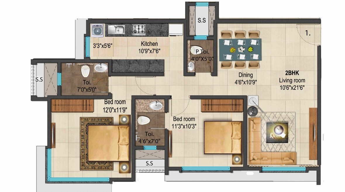 Floor plan of 2 BHK 785 Sq. Ft. Apartment in Ajmera Manor, Mumbai