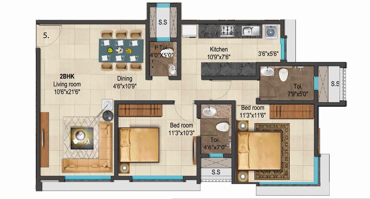 Floor plan of 2 BHK 800 Sq. Ft. Apartment in Ajmera Manor, Mumbai