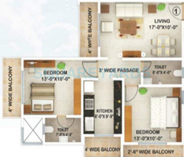 Floor plan of 2 BHK 1035 Sq. Ft. Apartment in Ajmera Nirvana, Mumbai