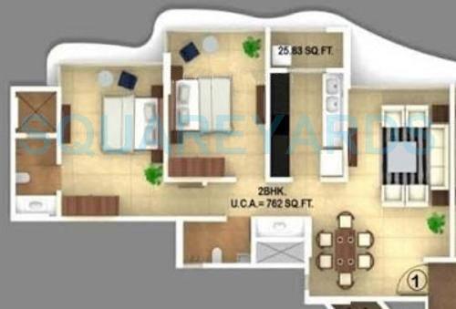 Floor plan of 2 BHK 1080 Sq. Ft. Apartment in Ajmera Regalia, Mumbai