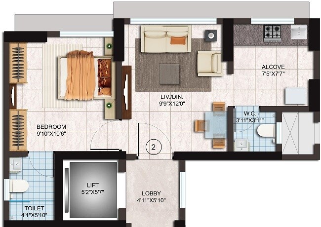Floor plan of 1 BHK 328 Sq. Ft. Apartment in Ajmera Serene, Mumbai