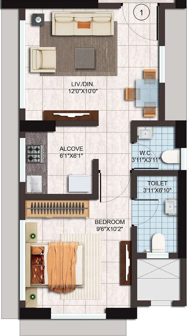 Floor plan of 1 BHK 335 Sq. Ft. Apartment in Ajmera Serene, Mumbai