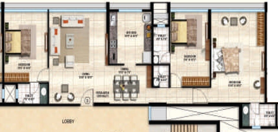 Floor plan of 3 BHK 1255 Sq. Ft. Apartment in Ajmera Shringaar, Mumbai