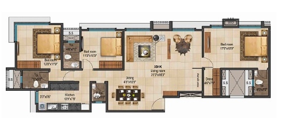 Floor plan of 3 BHK 955 Sq. Ft. Apartment in Ajmera Shringaar, Mumbai