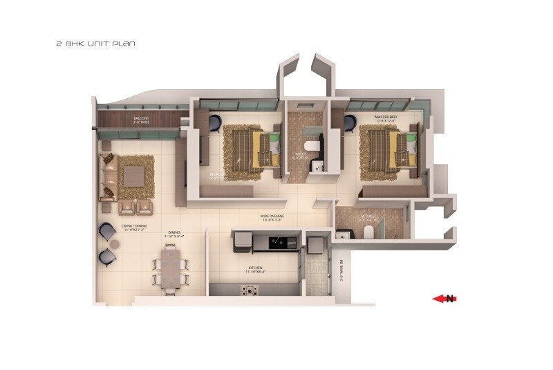 Floor plan of 2 BHK 994 Sq. Ft. Apartment in Ajmera Treon, Mumbai