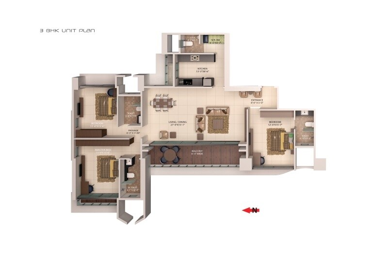 Floor plan of 3 BHK 1661 Sq. Ft. Apartment in Ajmera Treon, Mumbai