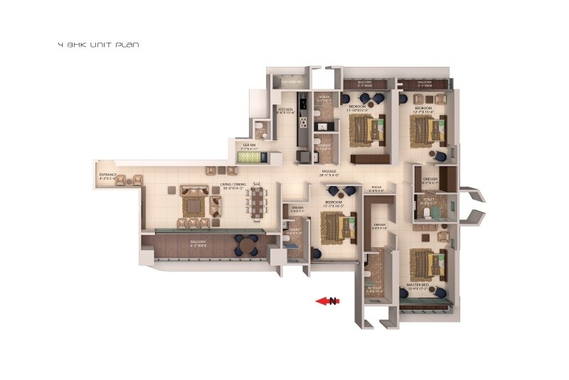 Floor plan of 4 BHK 2467 Sq. Ft. Apartment in Ajmera Treon, Mumbai