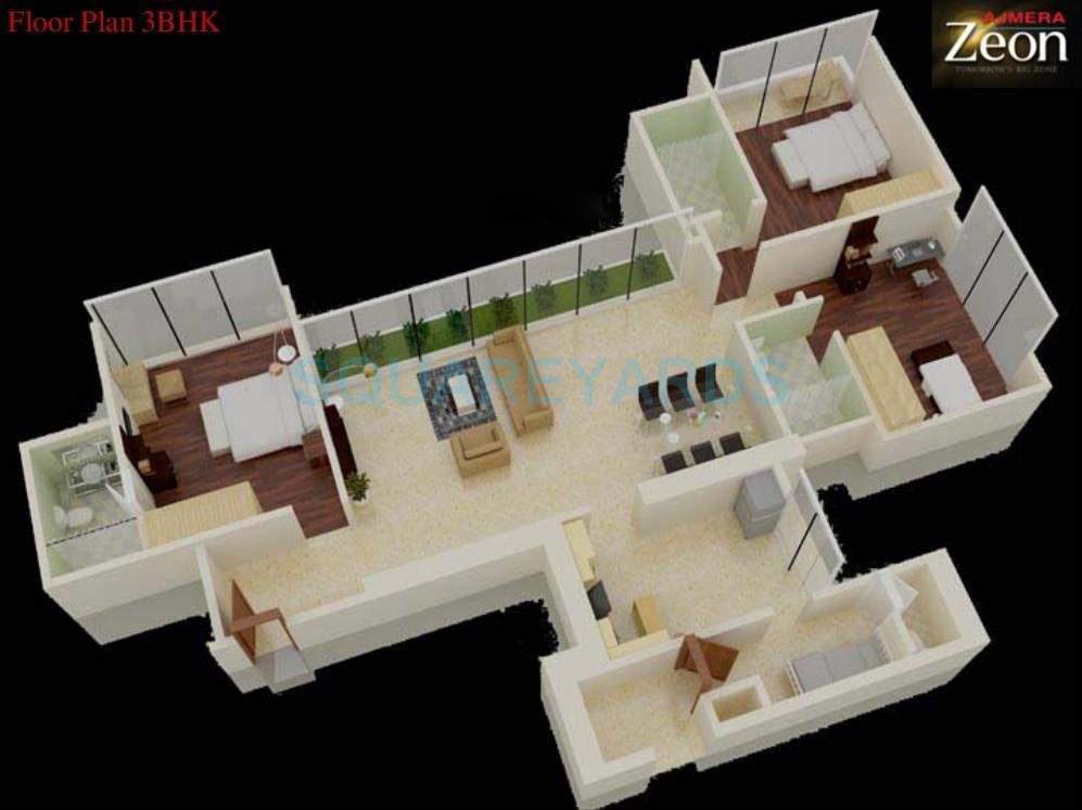 Floor plan of 3 BHK 1661 Sq. Ft. Apartment in Ajmera I Land Zeon, Mumbai