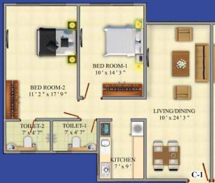 Floor plan of 2 BHK 748 Sq. Ft. Apartment in Akar Pinnacle, Mumbai