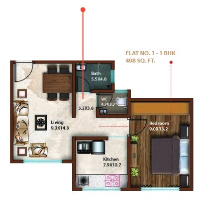 Floor plan of 1 BHK 408 Sq. Ft. Apartment in Akshay Paradise, Mumbai