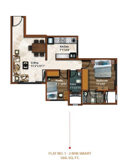 Floor plan of 2 BHK 568 Sq. Ft. Apartment in Akshay Paradise, Mumbai