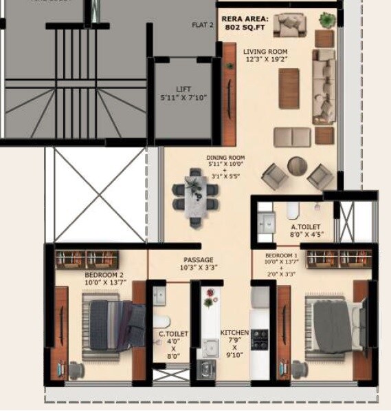 2 BHK 802 Sq. Ft. Apartment