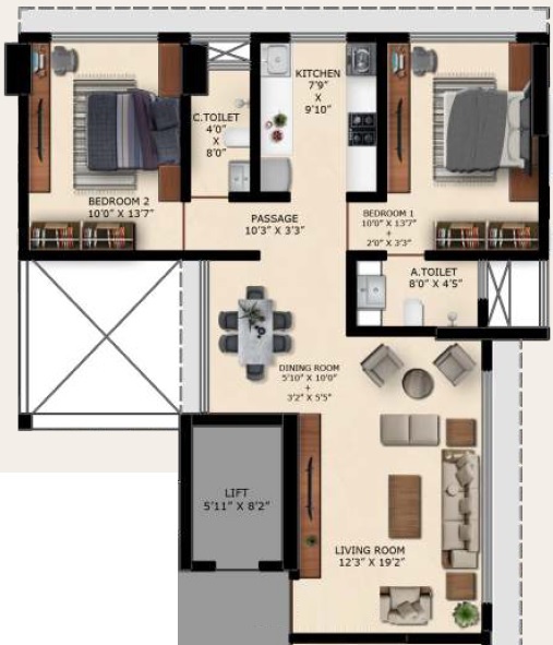 2 BHK 842 Sq. Ft. Apartment in Alag Ananta