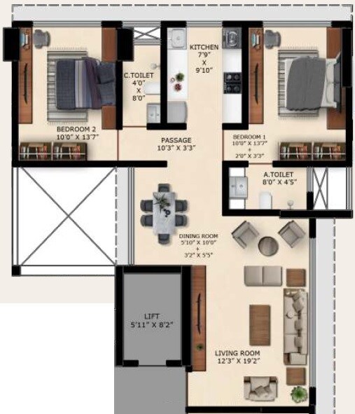 Floor plan of 2 BHK 842 Sq. Ft. Apartment in Alag Ananta, Mumbai