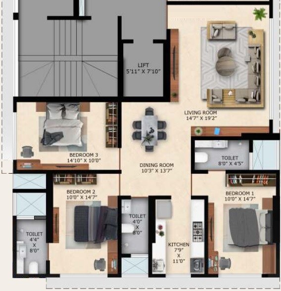 Floor plan of 3 BHK 1076 Sq. Ft. Apartment in Alag Ananta, Mumbai
