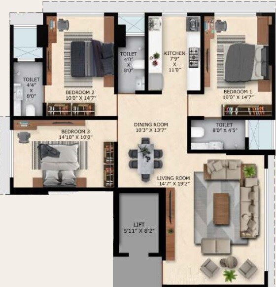 Floor plan of 3 BHK 1097 Sq. Ft. Apartment in Alag Ananta, Mumbai