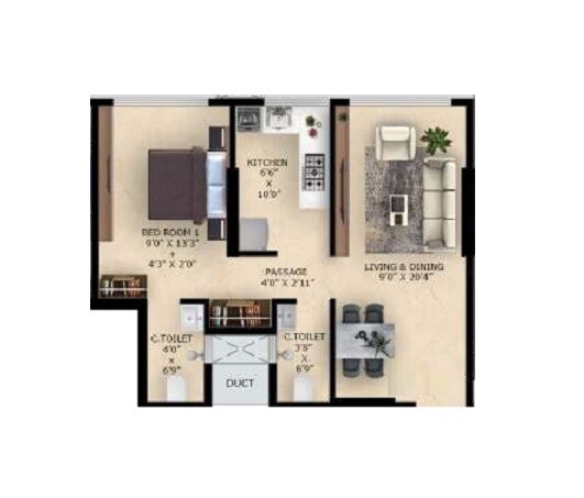 Floor plan of 1 BHK 447 Sq. Ft. Apartment in Alag Aranya, Mumbai