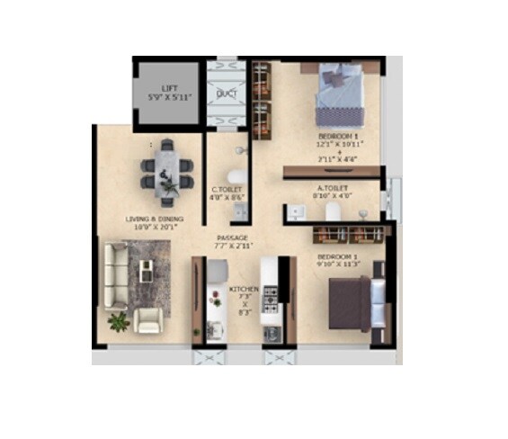 Floor plan of 2 BHK 527 Sq. Ft. Apartment in Alag Aranya, Mumbai