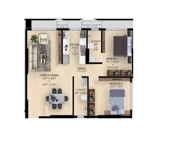 Floor plan of 2 BHK 681 Sq. Ft. Apartment in Alag Aranya, Mumbai