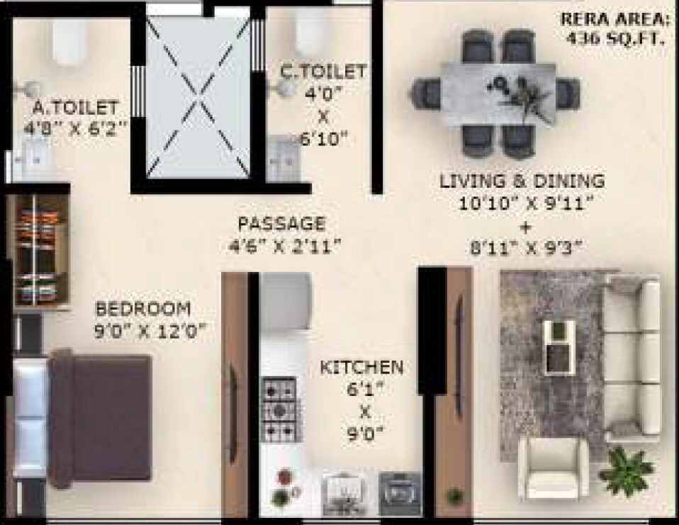 Floor plan of 1 BHK 436 Sq. Ft. Apartment in Alag Ashtapad, Mumbai