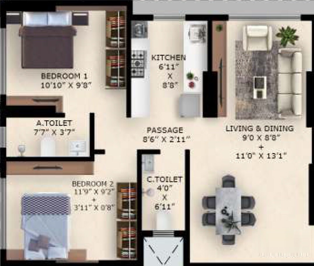 Floor plan of 2 BHK 548 Sq. Ft. Apartment in Alag Ashtapad, Mumbai