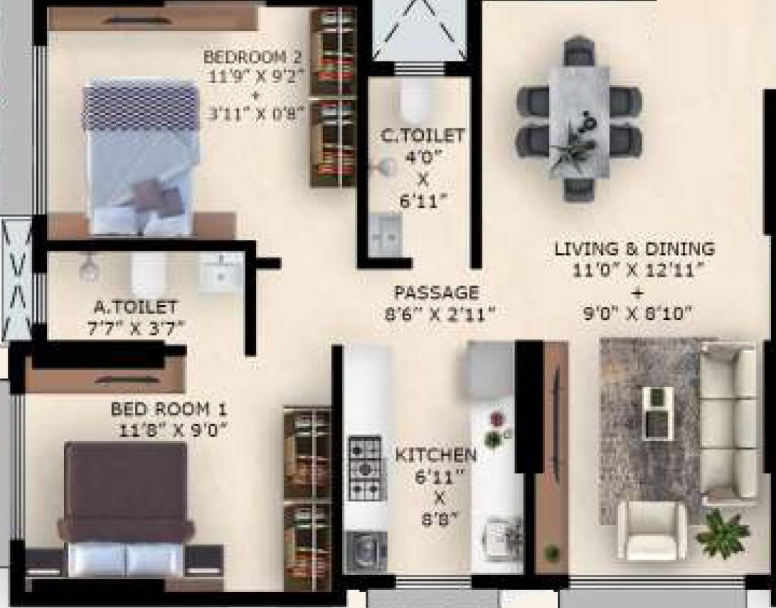 3 BHK 724 Sq. Ft. Apartment