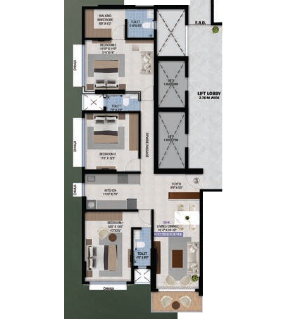 Floor plan of 3 BHK 1118 Sq. Ft. Apartment in Alag Aum Laxminarayan, Mumbai