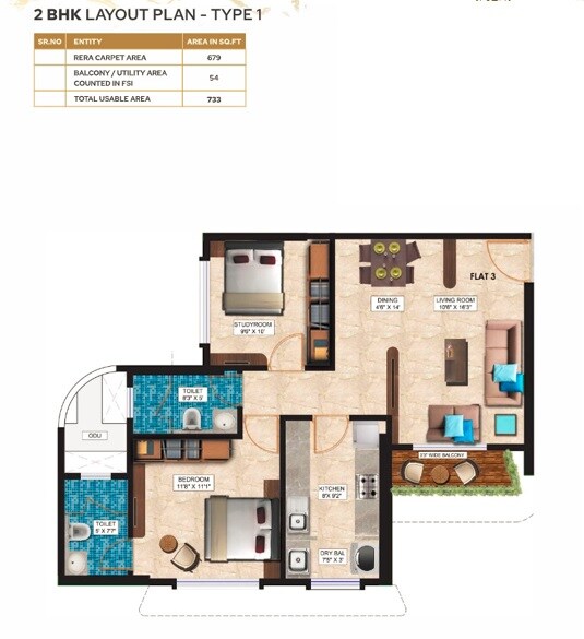 Floor plan of 2 BHK 679 Sq. Ft. Apartment in Alag Endeavour, Mumbai